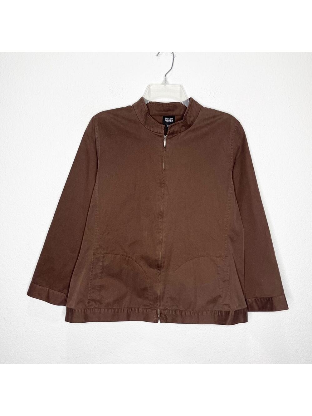 Eileen Fisher Shaped Zip Chocolate Brown 100% Cotton Jacket Large